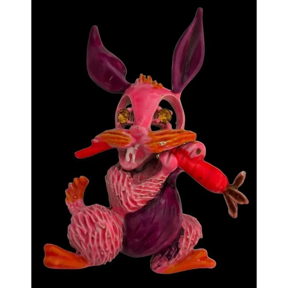 Hattie Carnegie Rabbit Brooch Whimsical Pin Pink Enamel Bunny Rabbit Unsigned